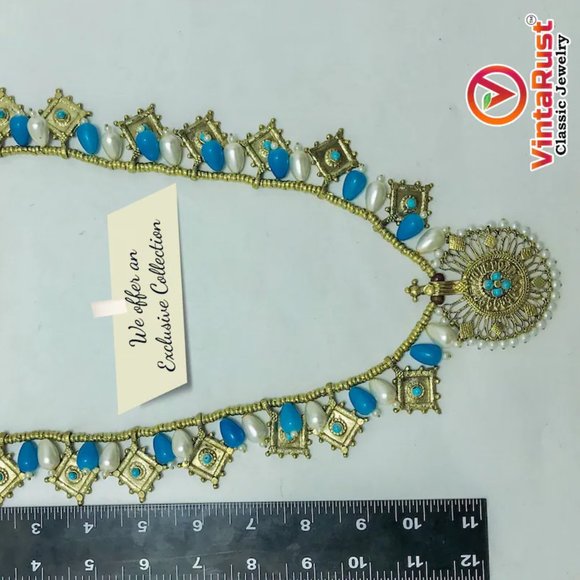 Tribal Jewelry Set With Pearls And Golden Big Motif, Turquoise Beaded Necklace - Picture 9 of 10